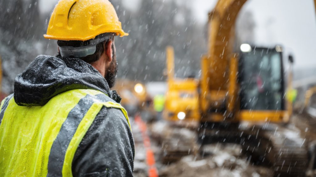 A construction worker wearing a hard hat and reflective vest watches as heavy machinery operates amidst falling snow. The wintry conditions create a challenging work environment.
