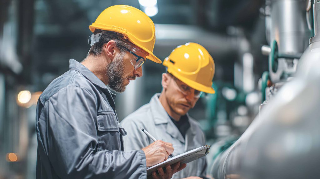 Two industrial professionals wearing yellow helmets and safety glasses inspect equipment, with one taking notes on a clipboard in a factory setting.