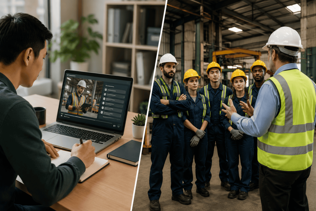 Online safety training on a laptop compared with in-person workplace safety training in an industrial facility.